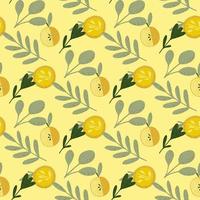 Summer seamless fruit pattern with yellow apples and grey leaf print. Pastel background. vector