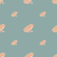 Pastel palette seamless pattern with pink colored frog ornament. Blue background. Simple design. vector
