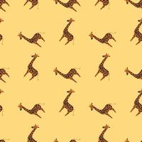 Safari seamless doodle pattern with brown giraffe silhouettes. Light orange background. vector