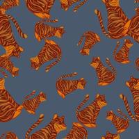 Random zoo seamless pattern in childish style with orange tiger silhouettes. Pale blue background. vector