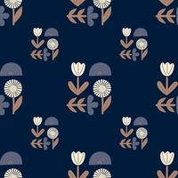Hand drawn seamless pattern with doodle flowers, rainbow and leaves print. Navy blue background. vector