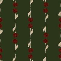 Vintage floral style seamless pattern with red roses ornament. Dark green background. vector