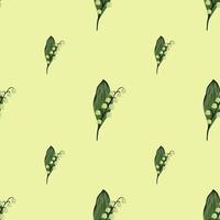 Minimalistic style seamless doodle pattern with green spring lily of the valley shapes. Pastel background. vector