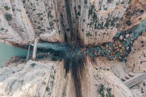 Drone view of Royal Trail El Caminito del Rey in gorge Chorro, Malaga province, Spain photo