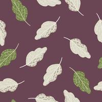 Random seamless hand drawn pattern with green and light colored oak leaves. Purple background. vector