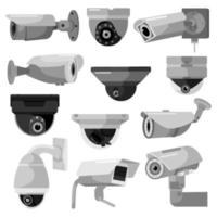 Set CCTV camera on white backdrop. Equipment surveillance for protection, safety and watching. Security camera in style flat design. vector