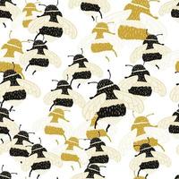 Bee pattern seamless in freehand style. Cute insect which extract honey on colorful background. Vector illustration for textile.