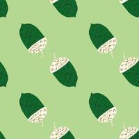 Doodle seamless fall pattern with green and white colored acorn ornament. Pastel background. vector