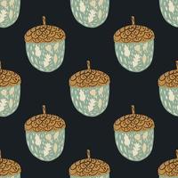 Organic seamless nature pattern with pale blue and brown acorn elements. Black background. vector