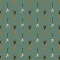Outline tulip flowers pale seamless pattern on green background. Botanic flora backdrop. vector