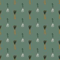 Outline tulip flowers pale seamless pattern on green background. Botanic flora backdrop. vector