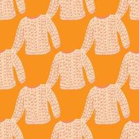 Scandi fashion seamless pattern with light knitted sweater shapes on bright orange background. vector