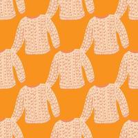 Scandi fashion seamless pattern with light knitted sweater shapes on bright orange background. vector