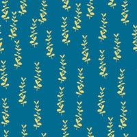 Yellow colored eucalyptus ornament random seamless pattern. Blue bright background. Herbal backdrop. vector