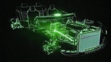 Holographic animation of 3D wireframe car model with engine video