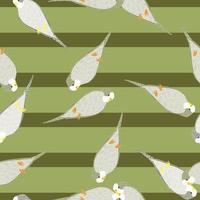 Seamless pattern in pale tones with simple grey parrot silhouettes. Green olive striped background. vector