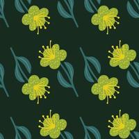 Bright green flower silhouettes seamless pattern. Botanic nature ornament with dark background. vector