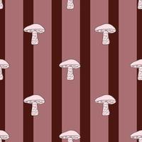 Leccinum scabrum mushroom seamless pattern in hand drawn abstract style. Maroon and pink striped background. vector