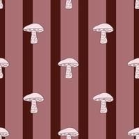 Leccinum scabrum mushroom seamless pattern in hand drawn abstract style. Maroon and pink striped background. vector