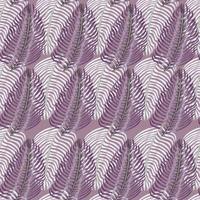 patrón tropical sin costuras de estilo veraniego con estampado de hojas de helecho en tonos púrpura pastel. ornamento abstracto del garabato. vector