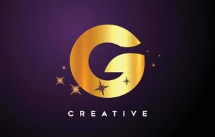 Gold G Letter Logo with Golden Glitter Stars and Gold Foil Texture Icon Vector