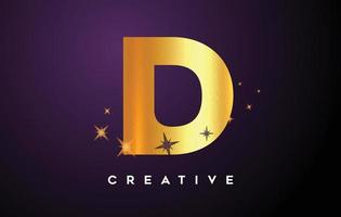 Gold D Letter Logo with Golden Glitter Stars and Gold Foil Texture Icon Vector