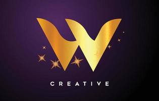 Gold W Letter Logo with Golden Glitter Stars and Gold Foil Texture Icon Vector