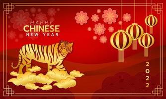 Happy Chinese New Year 2022 year of the tiger. gold cloud, flowers and lanterns red background vector