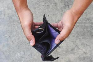 Man hands holding an empty wallet. bankrupt concept image photo