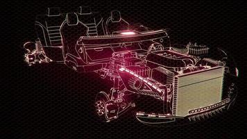 Holographic animation of 3D wireframe car model with engine video