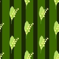 Hand drawn decorative seamless pattern with doodle lily of the valley print. Green striped background. vector