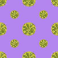 Tasty seamless pattern with green lime slices elements print. Purple pastel background. Vitamin citrus ornament. vector