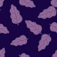 Nature seamless forest pattern with purple random oak leaf elements. Navy blue background. Simple style. vector