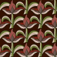 Natural seamless pattern with abstract big tulip flowers elements. Dark maroon background. vector