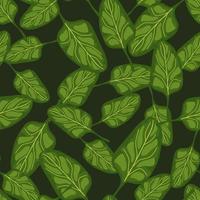 Seamless pattern Spinach salad on dark background. Modern ornament with lettuce. vector