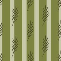 Brown minimalistic leaves branches seamless nature pattern. Grey and green striped background. vector