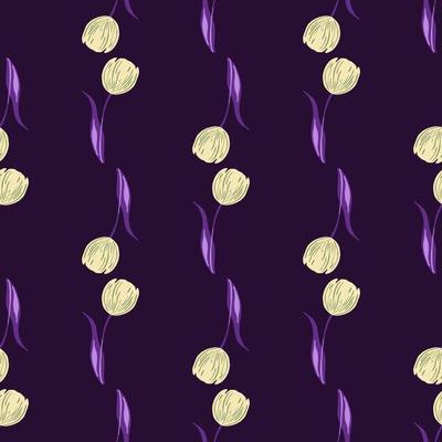 Dark seamless nature pattern with doodle tulip flower elements. Purple background. Decorative print.