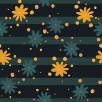 Seasonal seamless pattern with random orange and turquoise chamomile flowers shapes. Striped background. vector