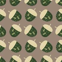 Decorative seamless pattern with simple green acorn silhouettes. Beige background. vector