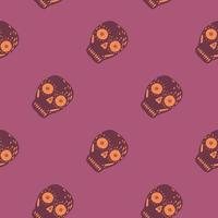 Abstract horror seamless pattern with spooku skulls elements. Purple pastel background. Cartoon print. vector