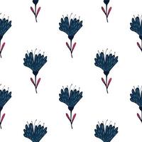 Botanic seamless pattern with navy blue wild flowers ornament. White background. vector