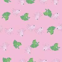 Chilidish exotic aquatic animal seamless pattern with green random frogs print. Pink pastel background. vector