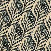 Outline seamless pattern with doodle fern foliage shapes print. Light beige background. Doodle design. vector