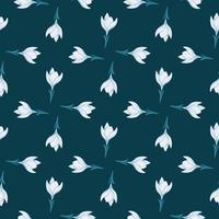 Geometric style seamless pattern with light crocus flowers hand drawn ornament. Dark turquoise background. vector