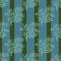 Vintage seamless pattern with shrub silhouettes doodle print. Blue and green striped background. vector