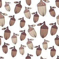 Isolated brown contoured acorn ornament seamless doodle pattern. White background. Forest abstract print. vector