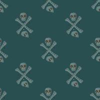 Danger seamless doodle pattern with simple skulls and bones sihouettes. Grey pirate ornament on dark turquoise background. vector