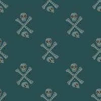 Danger seamless doodle pattern with simple skulls and bones sihouettes. Grey pirate ornament on dark turquoise background. vector