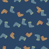 New year seamless pattern with simple cartoon funny socks ornament. Navy blue background. Beige elements. vector