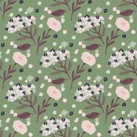 Seamless vintage pattern with white doodle flowers ornament on green light background. vector